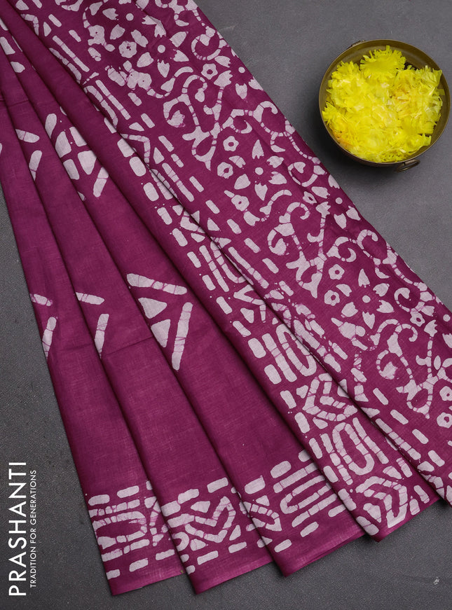 Batik cotton saree magenta pink with batik butta prints and batik printed border