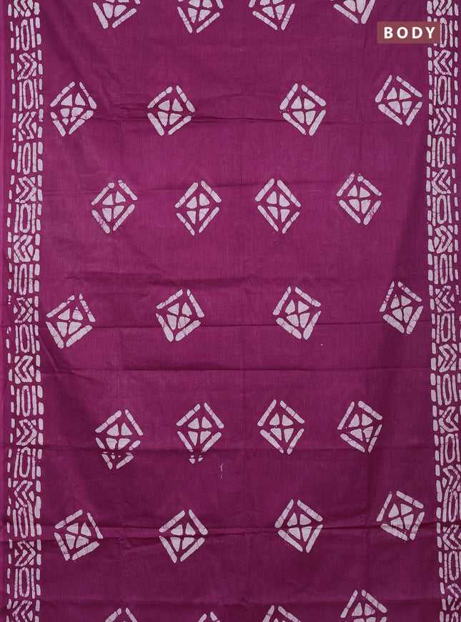 Batik cotton saree magenta pink with batik butta prints and batik printed border