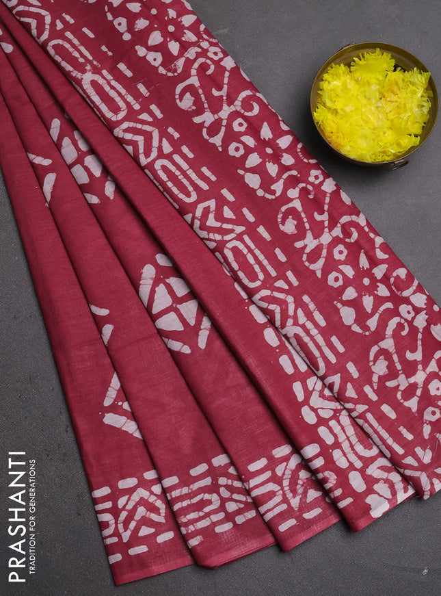 Batik cotton saree maroon with batik butta prints and batik printed border