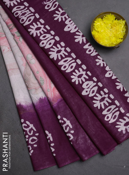 Batik cotton saree multi colour and deep purple with allover prints and batik printed border