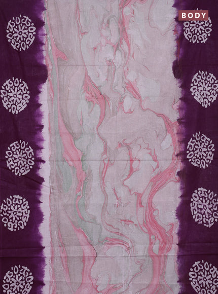 Batik cotton saree multi colour and deep purple with allover prints and batik printed border
