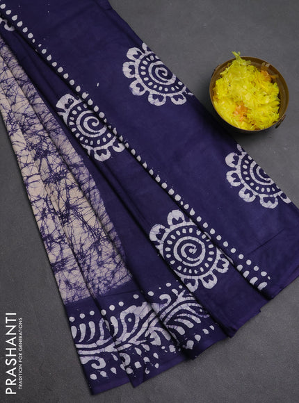 Batik cotton saree beige and violet with allover prints and batik printed border