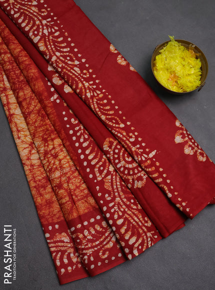 Batik cotton saree maroon with allover prints and batik printed border