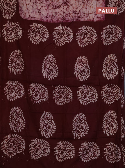 Batik cotton saree deep wine shade with allover prints and batik printed border
