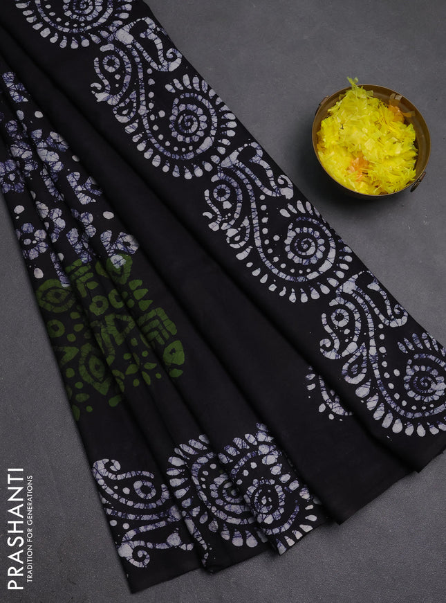 Batik cotton saree mehendi green and navy blue with allover prints and batik printed border
