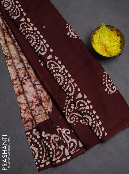 Batik cotton saree deep maroon with allover prints and batik printed border