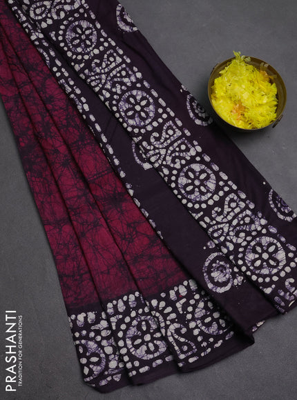 Batik cotton saree maroon and deep purple with allover prints and batik printed border