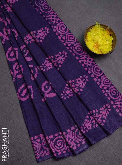 Batik cotton saree blue with allover prints and batik printed border