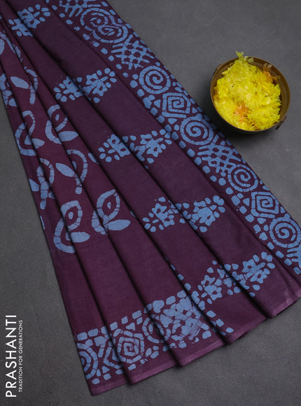 Batik cotton saree purple with allover prints and batik printed border
