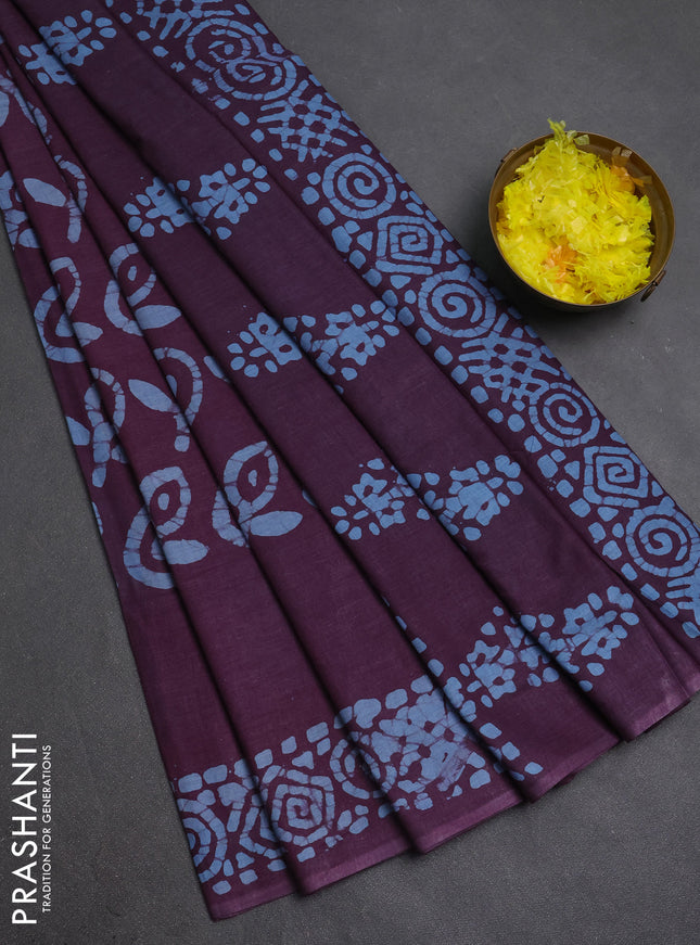 Batik cotton saree purple with allover prints and batik printed border