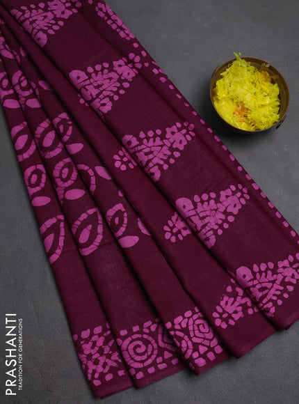 Batik cotton saree magenta pink with allover prints and batik printed border