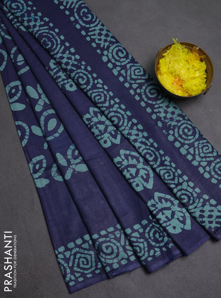 Batik cotton saree navy blue with allover prints and batik printed border