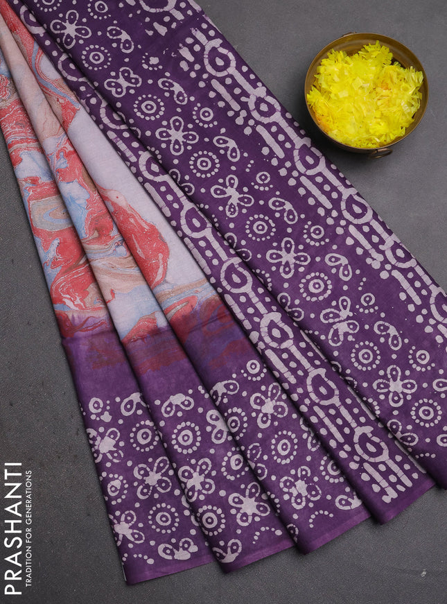 Batik cotton saree multi colour and violet with allover prints and batik printed border