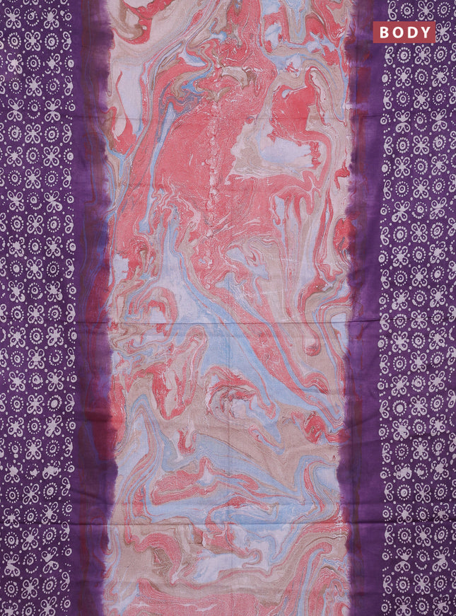 Batik cotton saree multi colour and violet with allover prints and batik printed border