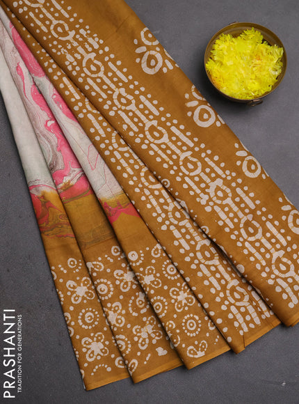 Batik cotton saree multi colour and mustard yellow with allover prints and batik printed border