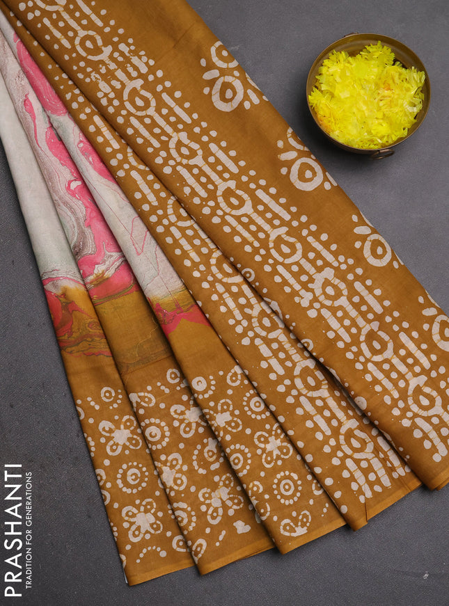Batik cotton saree multi colour and mustard yellow with allover prints and batik printed border