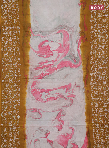 Batik cotton saree multi colour and mustard yellow with allover prints and batik printed border