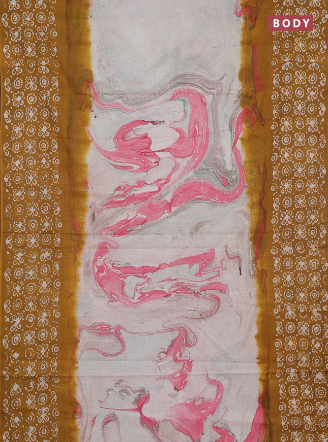 Batik cotton saree multi colour and mustard yellow with allover prints and batik printed border