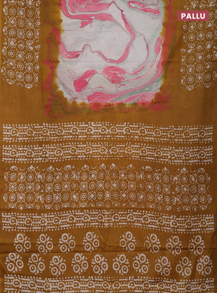 Batik cotton saree multi colour and mustard yellow with allover prints and batik printed border
