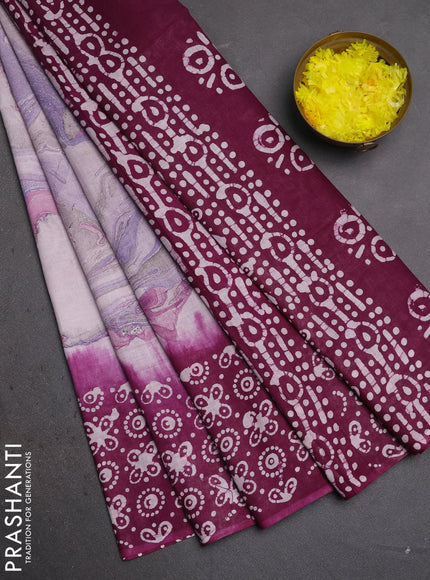 Batik cotton saree multi colour and deep purple with allover prints and batik printed border