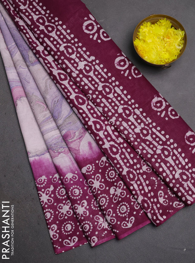 Batik cotton saree multi colour and deep purple with allover prints and batik printed border
