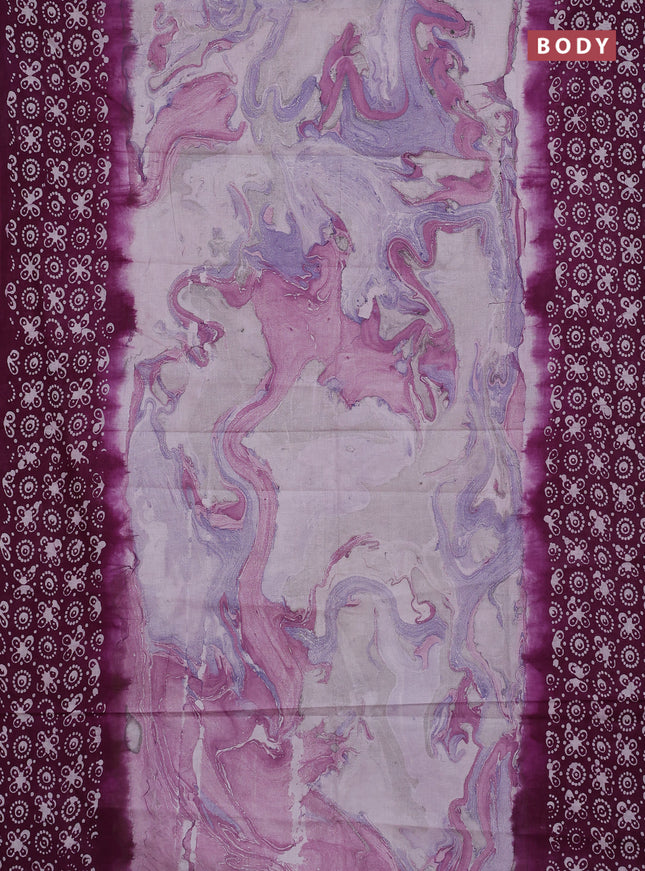 Batik cotton saree multi colour and deep purple with allover prints and batik printed border