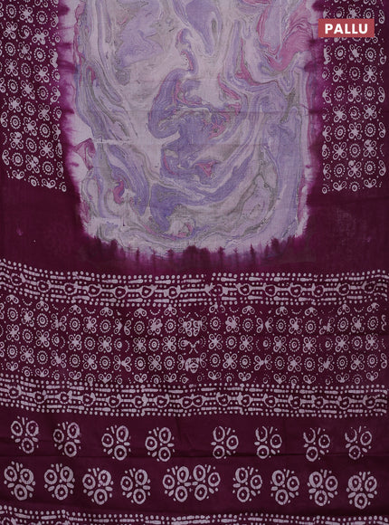 Batik cotton saree multi colour and deep purple with allover prints and batik printed border