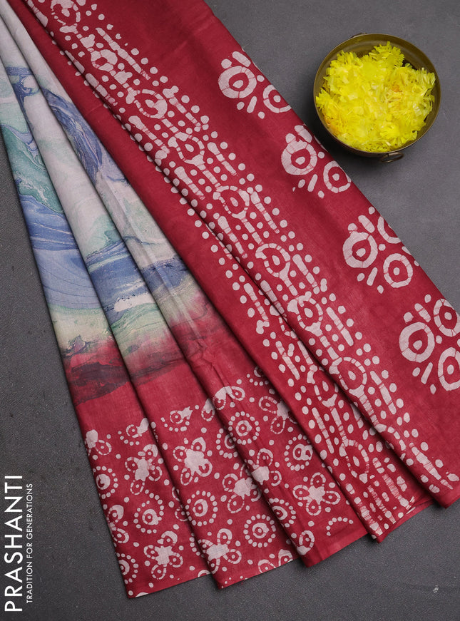Batik cotton saree multi colour and red with allover prints and batik printed border