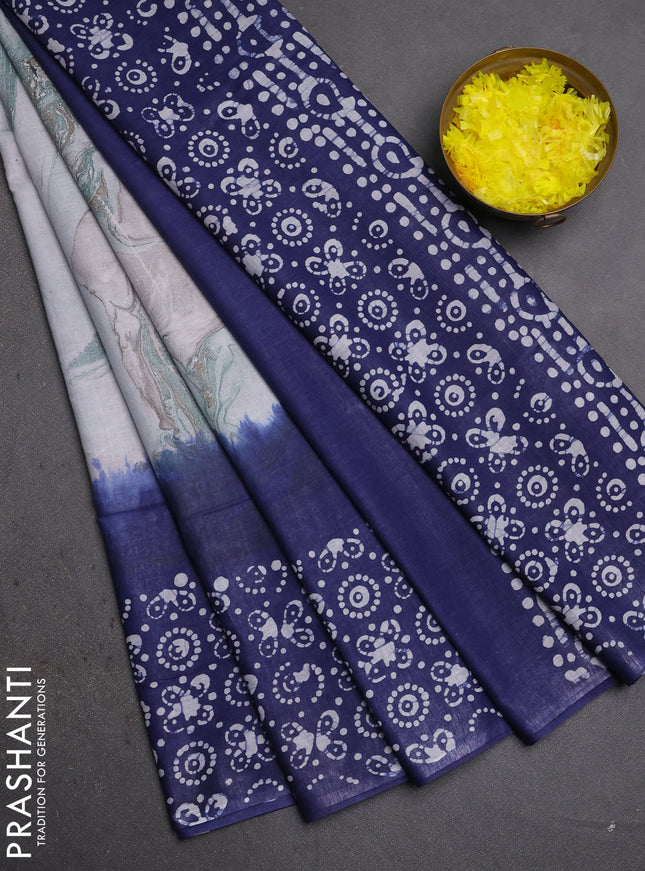Batik cotton saree grey and navy blue with allover prints and batik printed border