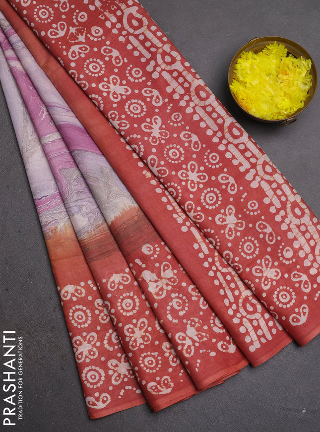 Batik cotton saree multi colour and pastel maroon with allover prints and batik printed border