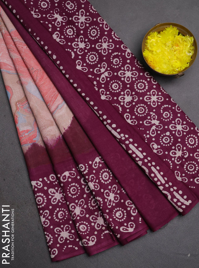 Batik cotton saree multi colour and wine shade with allover prints and batik printed border