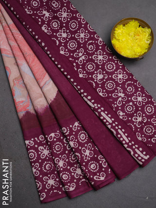 Batik cotton saree multi colour and wine shade with allover prints and batik printed border