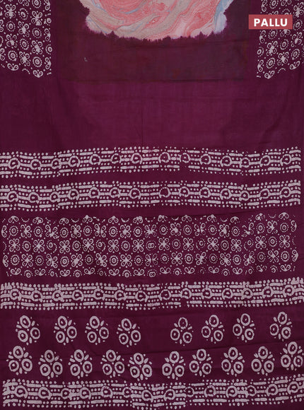 Batik cotton saree multi colour and wine shade with allover prints and batik printed border