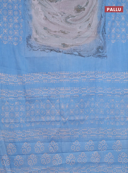 Batik cotton saree multi colour and pastel blue with allover prints and batik printed border