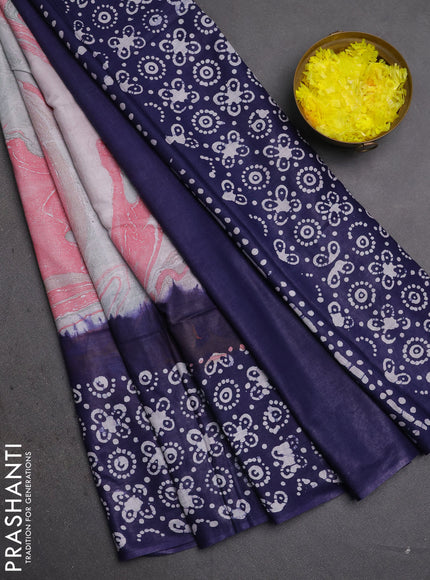 Batik cotton saree multi colour and navy blue with allover prints and batik printed border