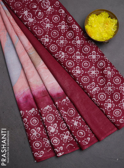 Batik cotton saree multi colour and wine shade with allover prints and batik printed border