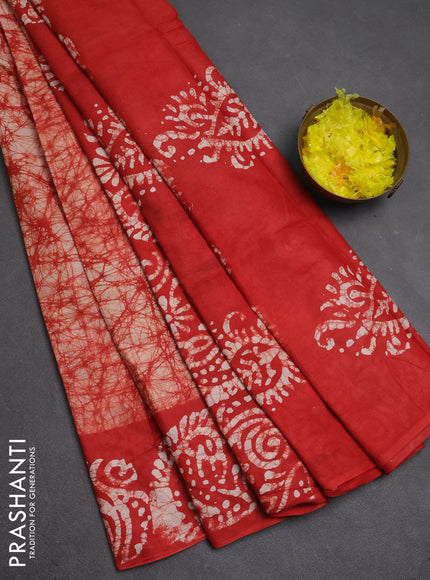 Batik cotton saree red with allover prints and batik printed border