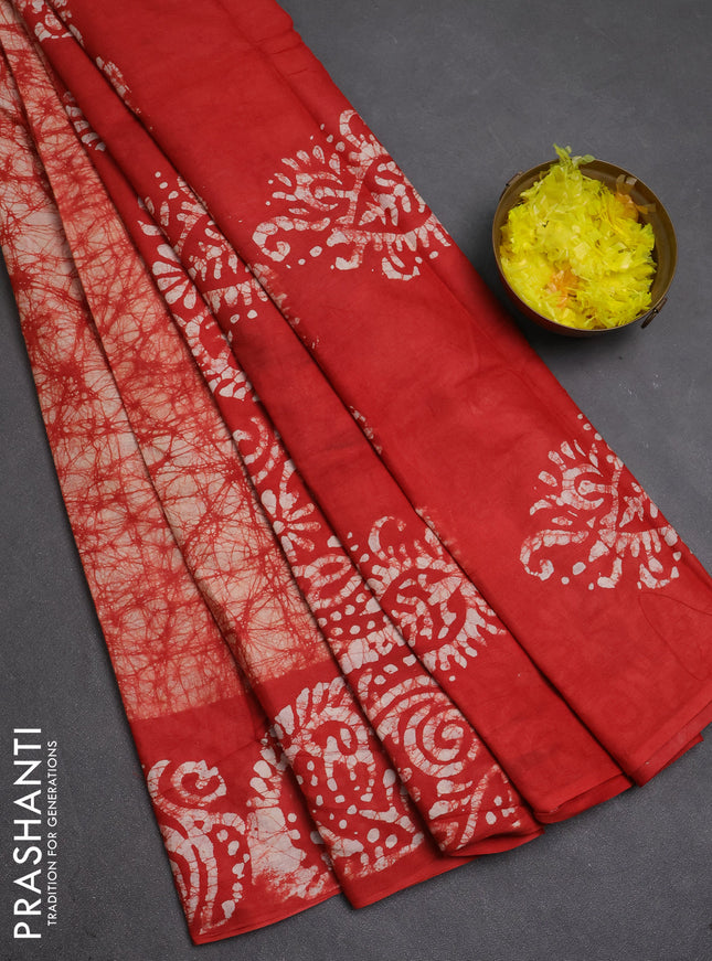 Batik cotton saree red with allover prints and batik printed border