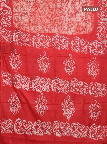Batik cotton saree red with allover prints and batik printed border