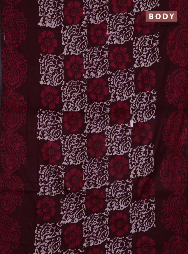 Batik cotton saree deep wine shade with allover prints and batik printed border