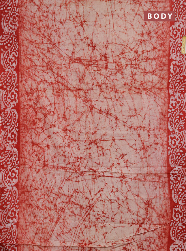 Batik cotton saree beige and red with allover prints and batik printed border