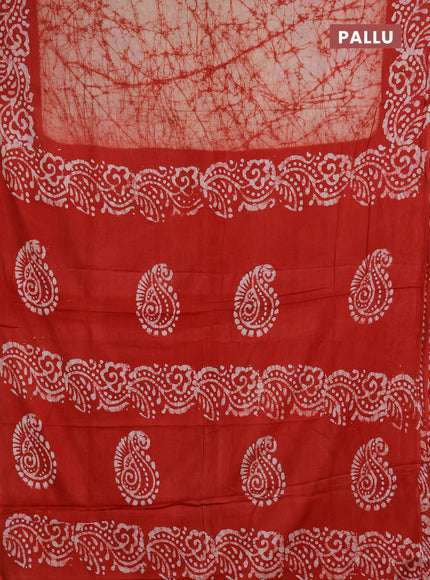 Batik cotton saree beige and red with allover prints and batik printed border