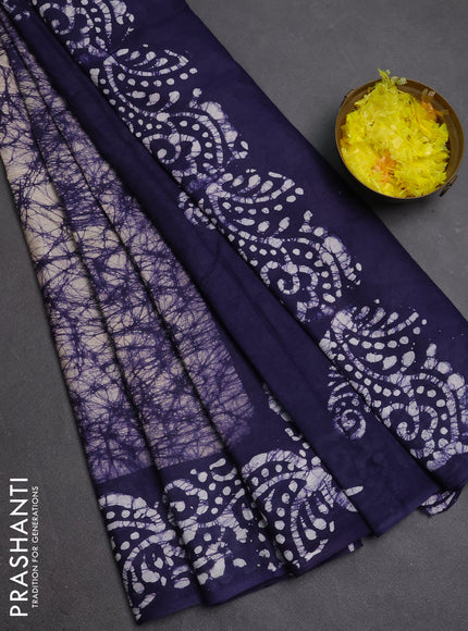Batik cotton saree violet and navay blue with allover prints and batik printed border