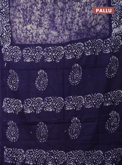 Batik cotton saree violet and navay blue with allover prints and batik printed border