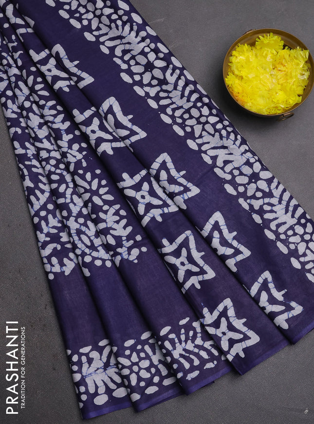 Batik cotton saree navy blue with allover prints and batik printed border