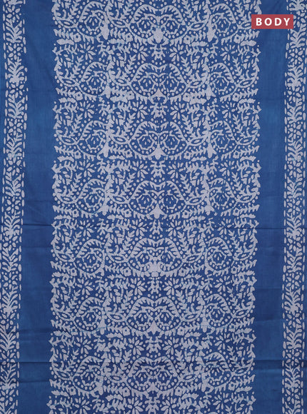 Batik cotton saree peacock blue with allover prints and batik printed border