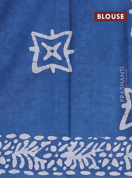 Batik cotton saree peacock blue with allover prints and batik printed border