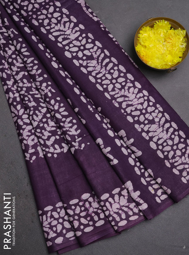 Batik cotton saree violet with allover prints and batik printed border