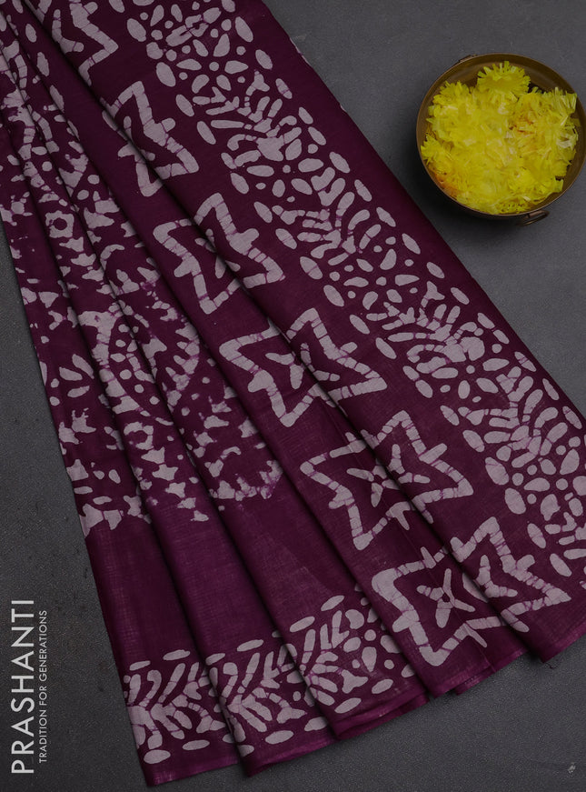 Batik cotton saree wine shade with allover prints and batik printed border