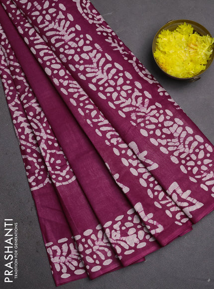 Batik cotton saree magenta pink with allover prints and batik printed border